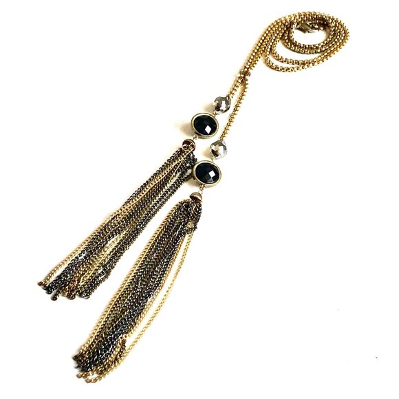 NWT Long Pewter\Gold Chain Tassel Necklace Jeweled Medallions Snake Link Chain - Picture 3 of 5